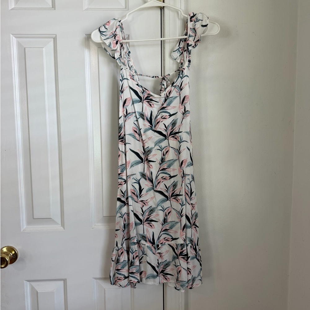 White Floral Ruffle Mini Dress with Pink & Green Leaf Print